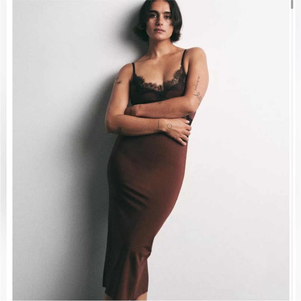Zara Brown Slip Dress with Black Lace Trim